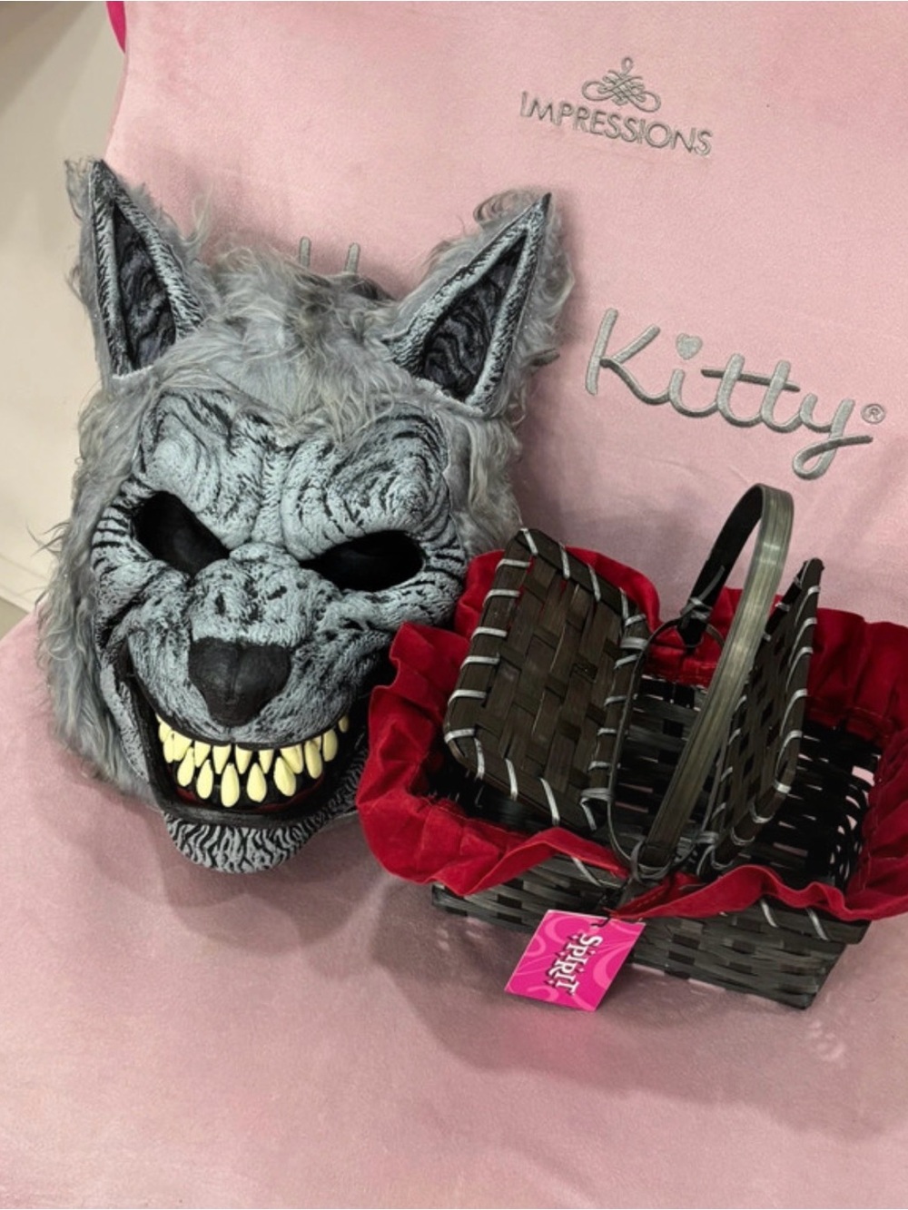 Red ridding hood cape basket and wolf mask